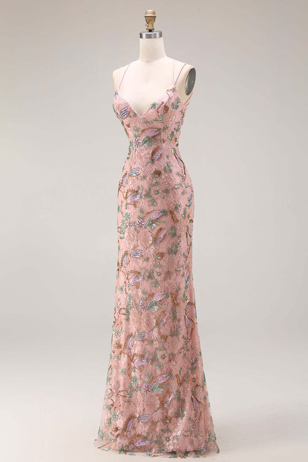 Blush Floral Mermaid Sparkly Spaghetti Straps Maxi Prom Dress