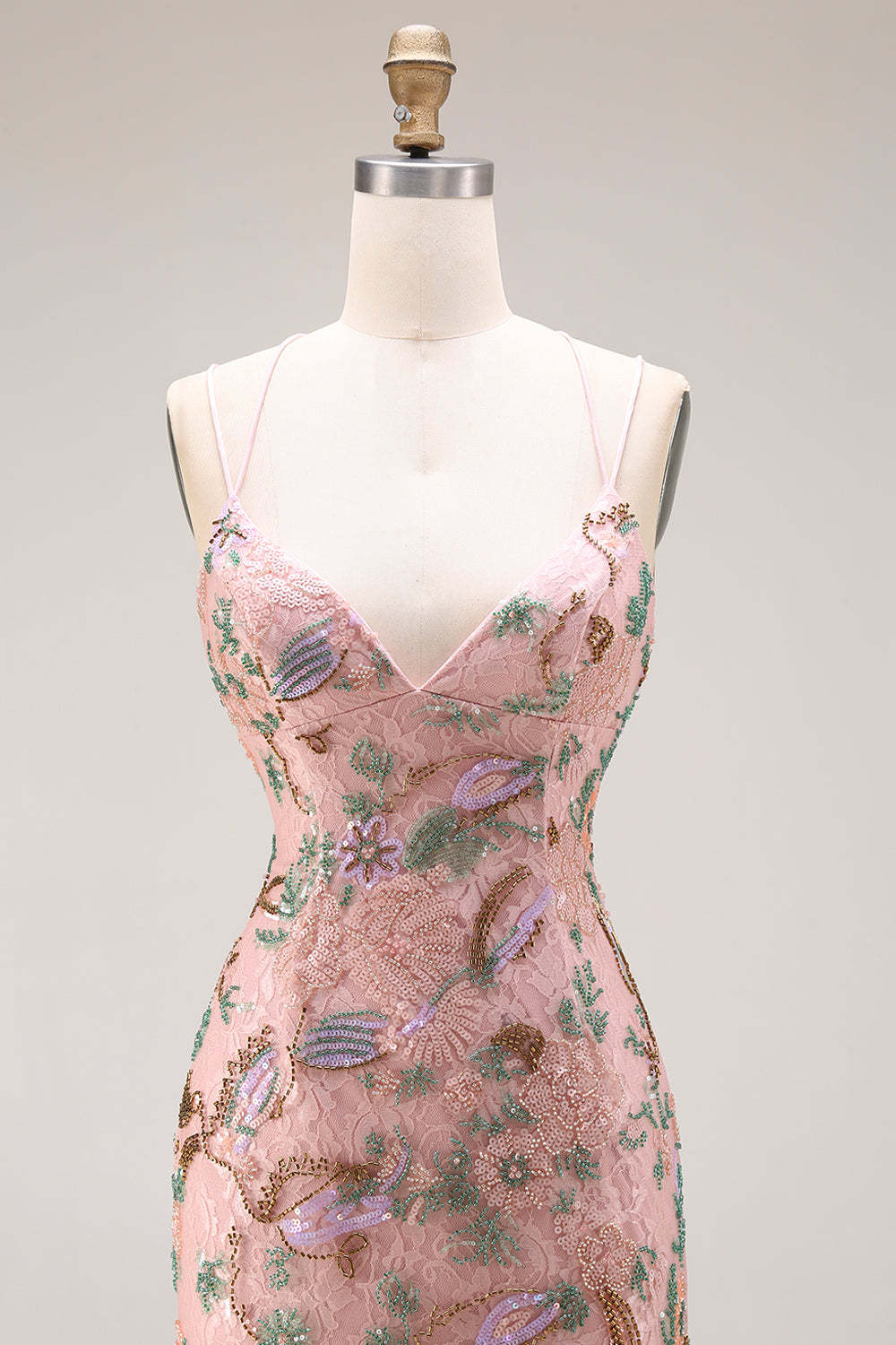 Blush Floral Mermaid Sparkly Spaghetti Straps Maxi Prom Dress