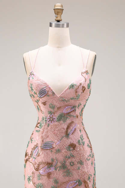 Blush Floral Mermaid Sparkly Spaghetti Straps Maxi Prom Dress