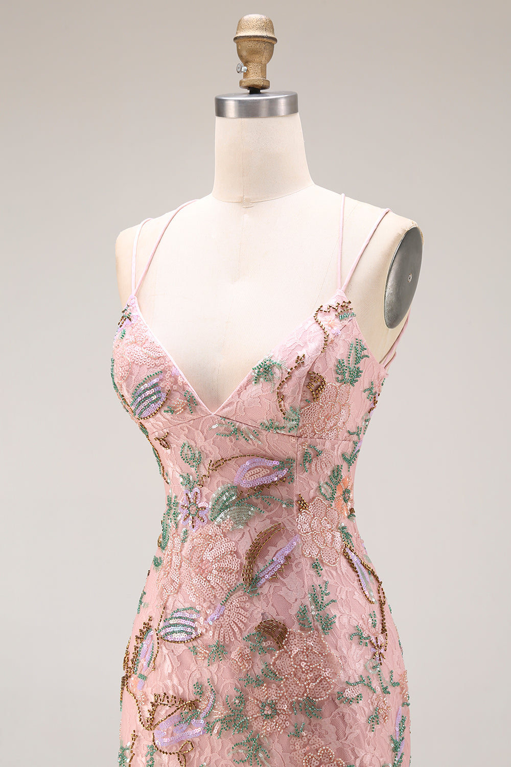 Blush Floral Mermaid Sparkly Spaghetti Straps Maxi Prom Dress