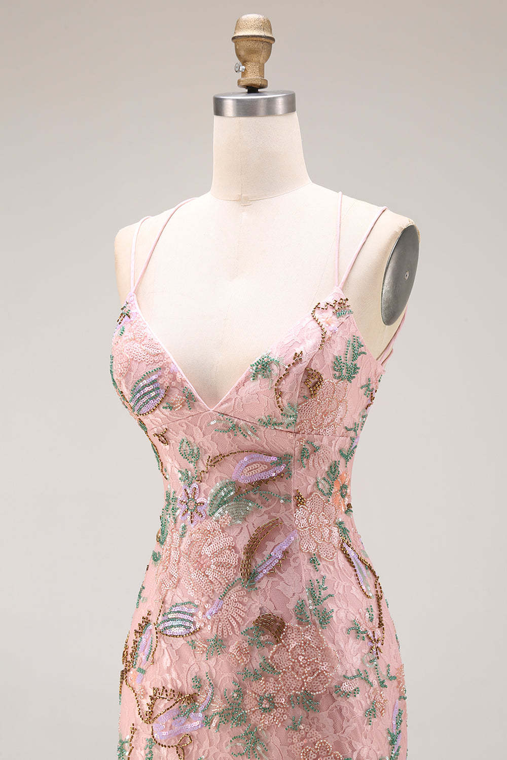 Blush Floral Mermaid Sparkly Spaghetti Straps Maxi Prom Dress