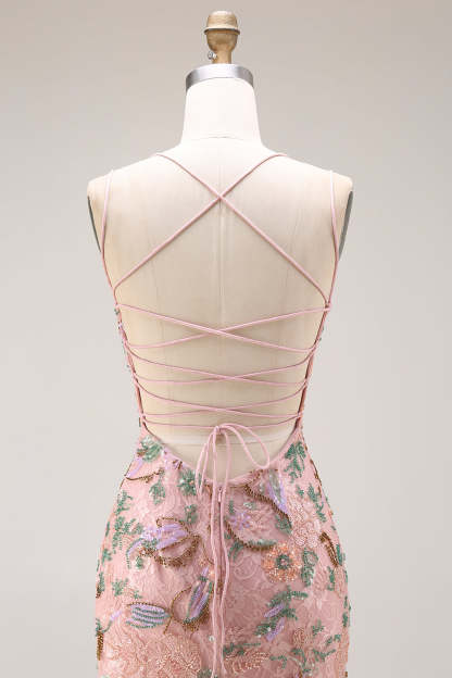 Blush Floral Mermaid Sparkly Spaghetti Straps Maxi Prom Dress