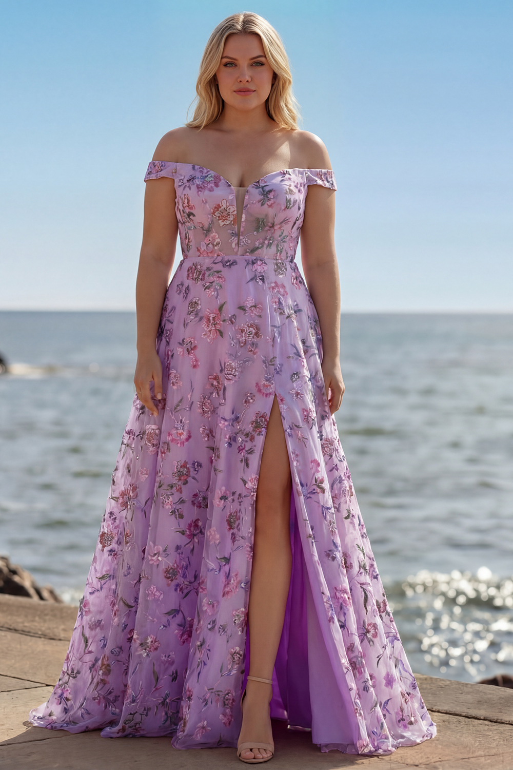 Floral Purple Sequin A Line Off the Shoulder Long Prom Dress with Slit