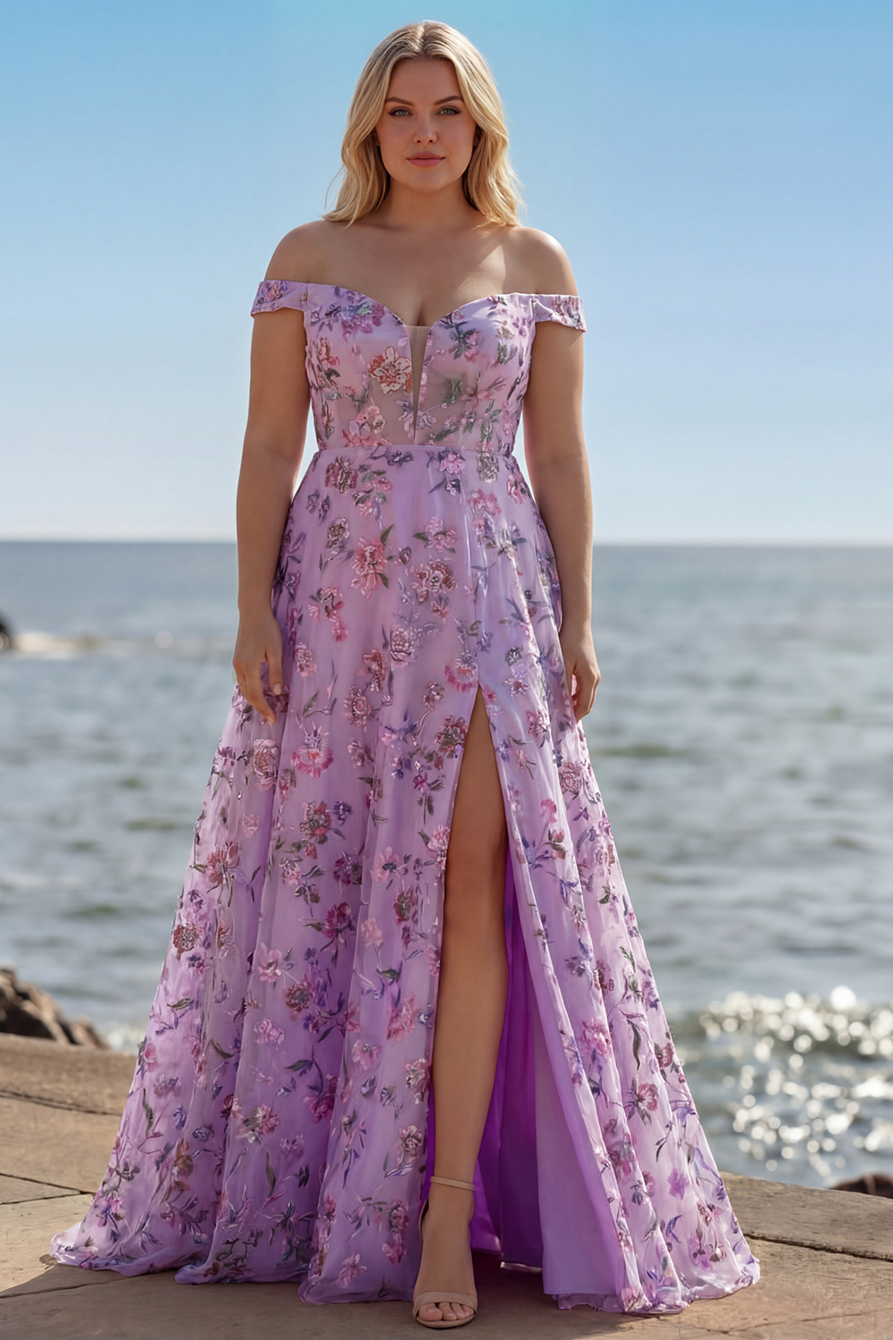 Floral Purple Sequin A Line Off the Shoulder Long Prom Dress with Slit