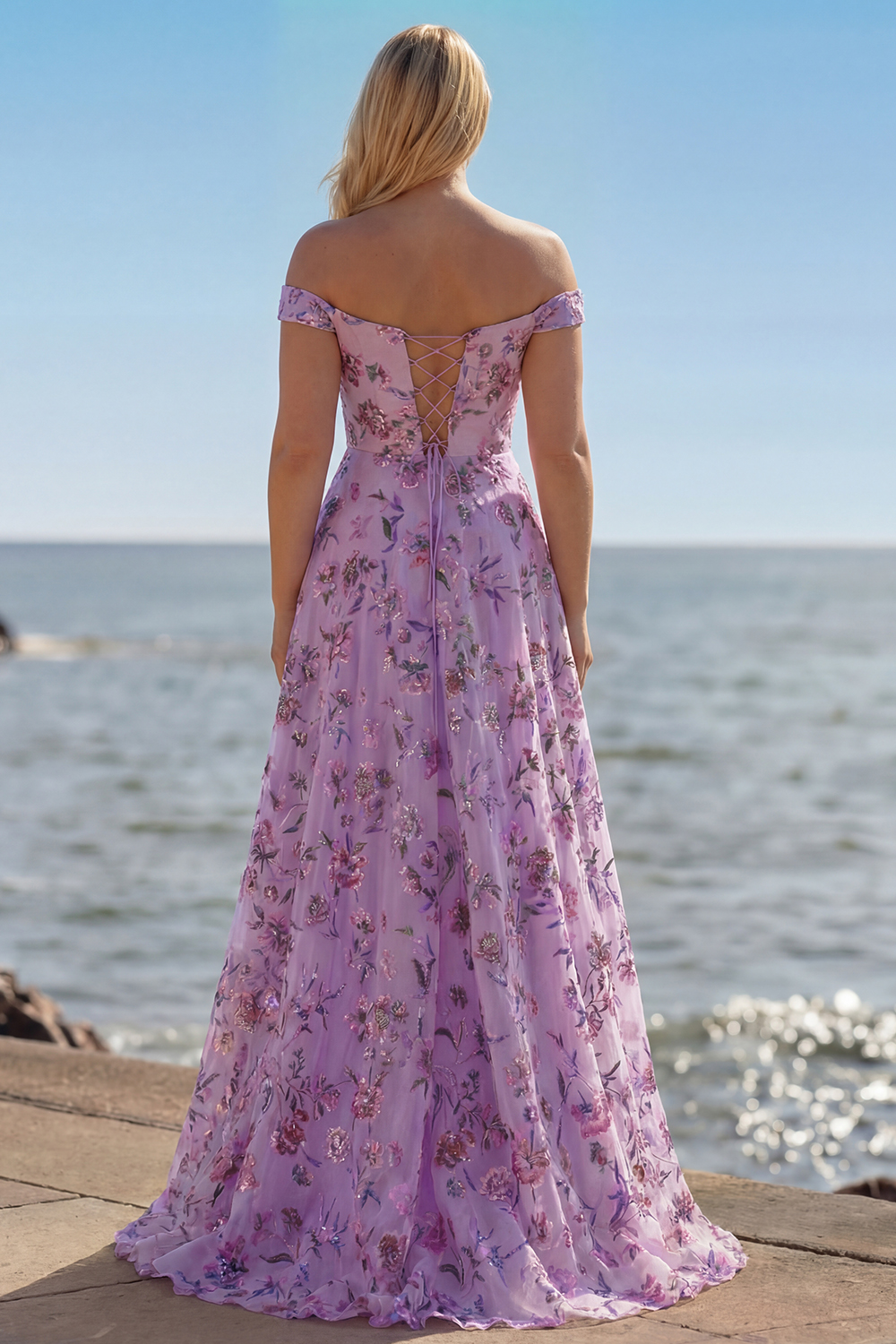 Floral Purple Sequin A Line Off the Shoulder Long Prom Dress with Slit