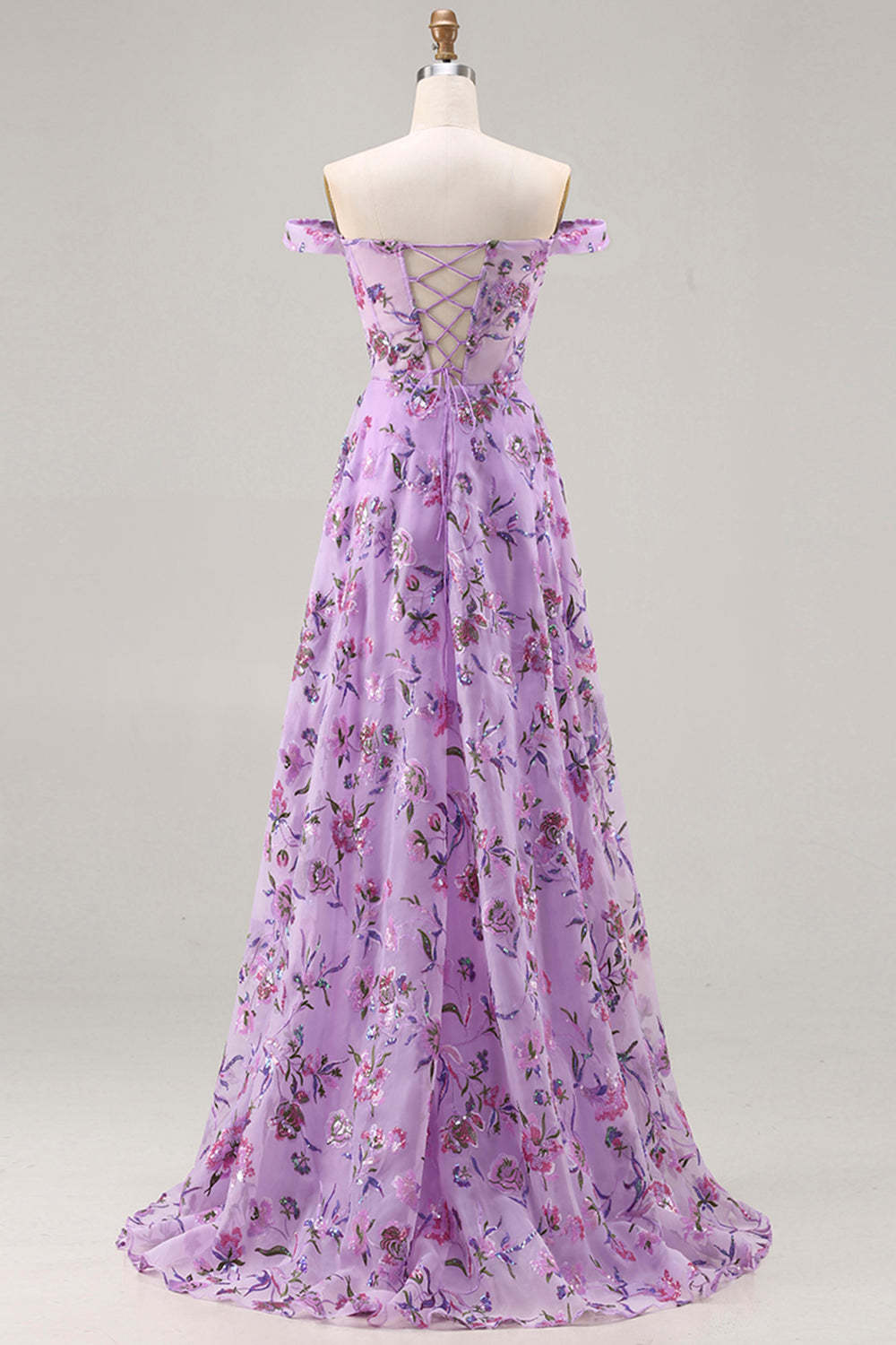 Floral Purple Sequin A Line Off the Shoulder Long Prom Dress with Slit