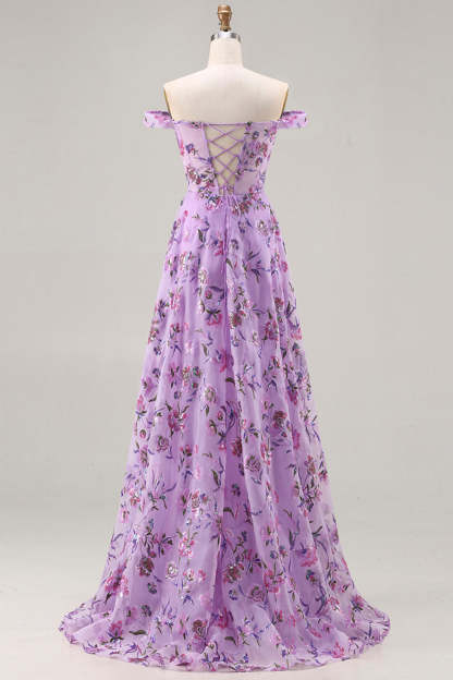 Floral Purple Sequin A Line Off the Shoulder Long Prom Dress with Slit