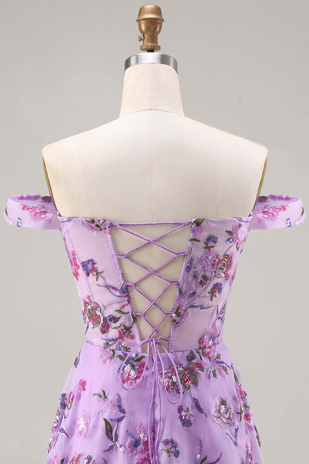 Floral Purple Sequin A Line Off the Shoulder Long Prom Dress with Slit