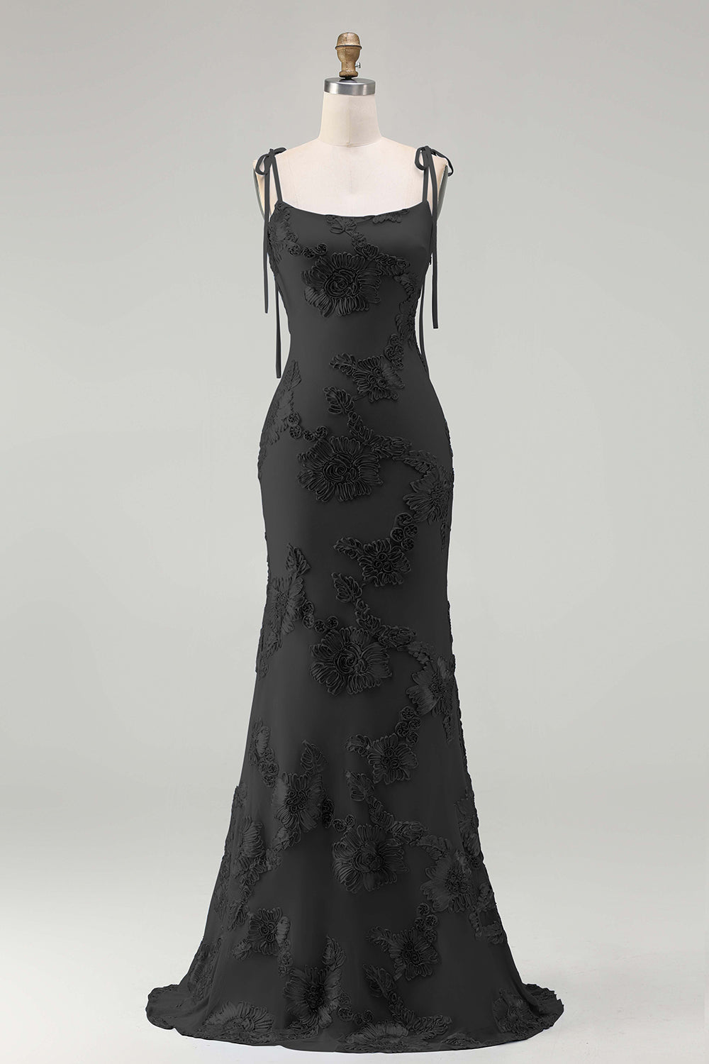 Light Blue Floral Appliqued Spaghetti Straps Mermaid Long Prom Dress