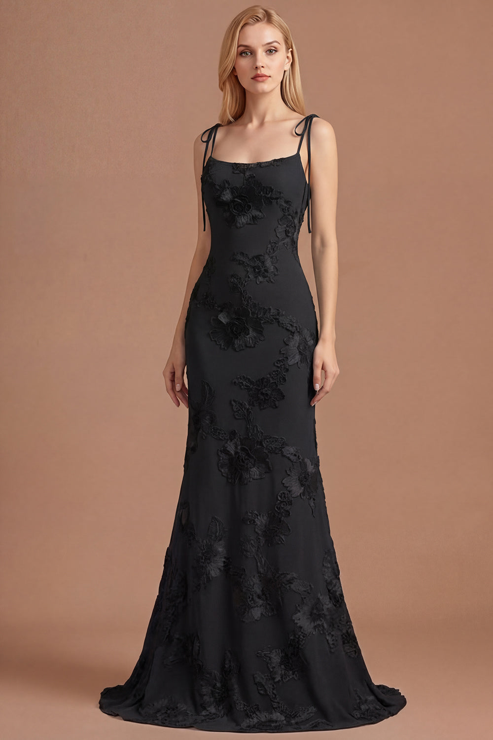 Light Blue Floral Appliqued Spaghetti Straps Mermaid Long Prom Dress