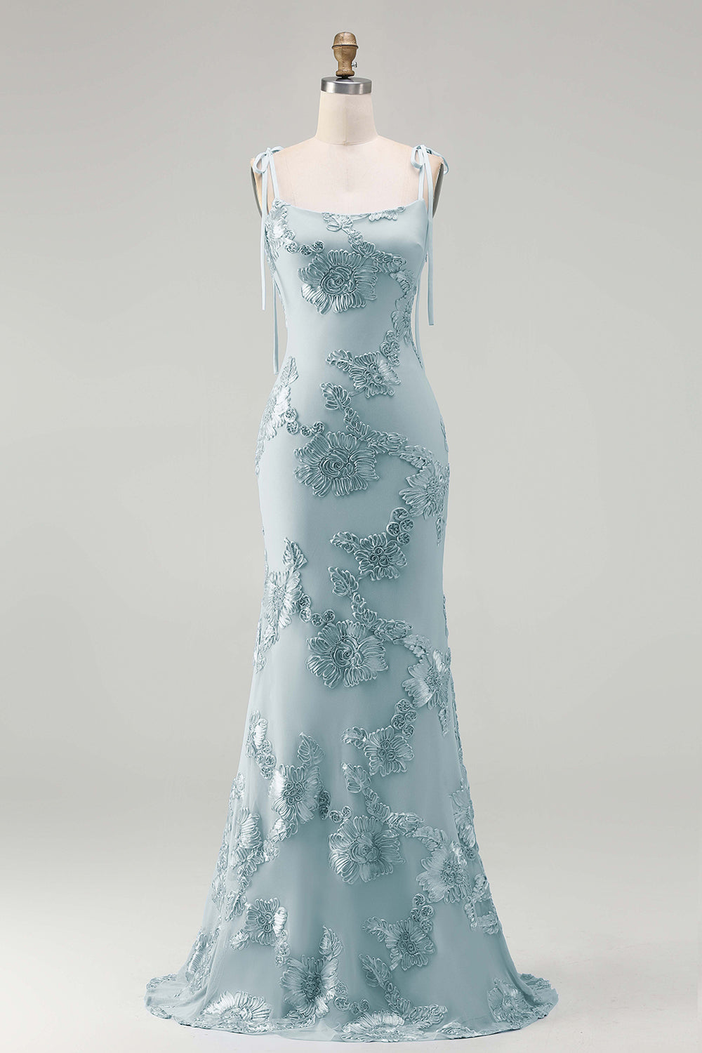 Light Blue Floral Appliqued Spaghetti Straps Mermaid Long Prom Dress