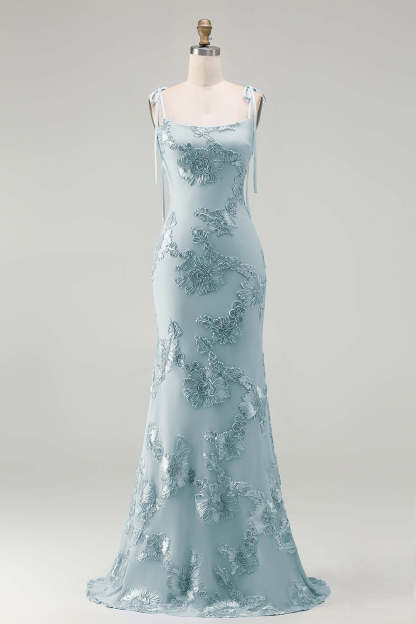 Light Blue Floral Appliqued Spaghetti Straps Mermaid Long Prom Dress