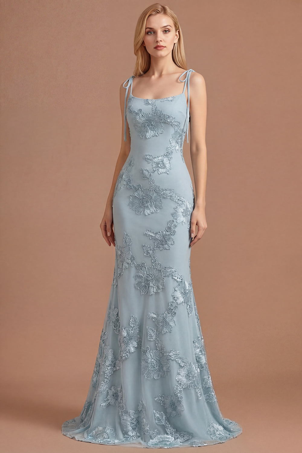 Light Blue Floral Appliqued Spaghetti Straps Mermaid Long Prom Dress