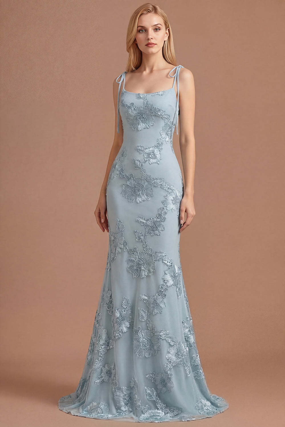 Light Blue Floral Appliqued Spaghetti Straps Mermaid Long Prom Dress