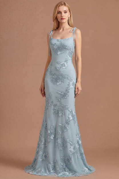 Light Blue Floral Appliqued Spaghetti Straps Mermaid Long Prom Dress