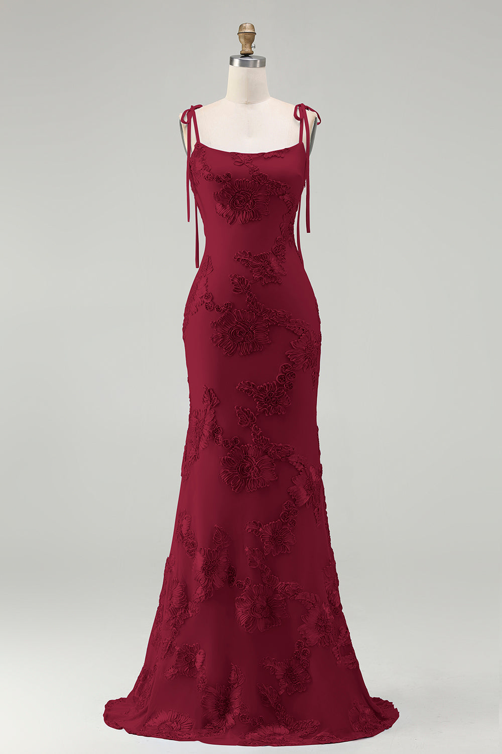 Light Blue Floral Appliqued Spaghetti Straps Mermaid Long Prom Dress