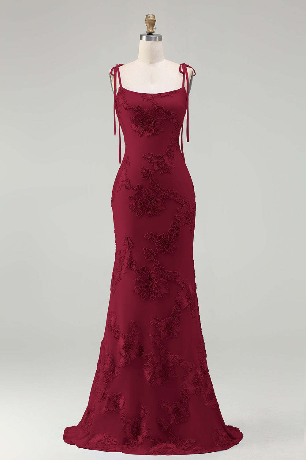 Light Blue Floral Appliqued Spaghetti Straps Mermaid Long Prom Dress