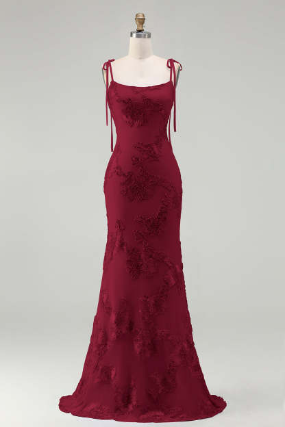 Light Blue Floral Appliqued Spaghetti Straps Mermaid Long Prom Dress