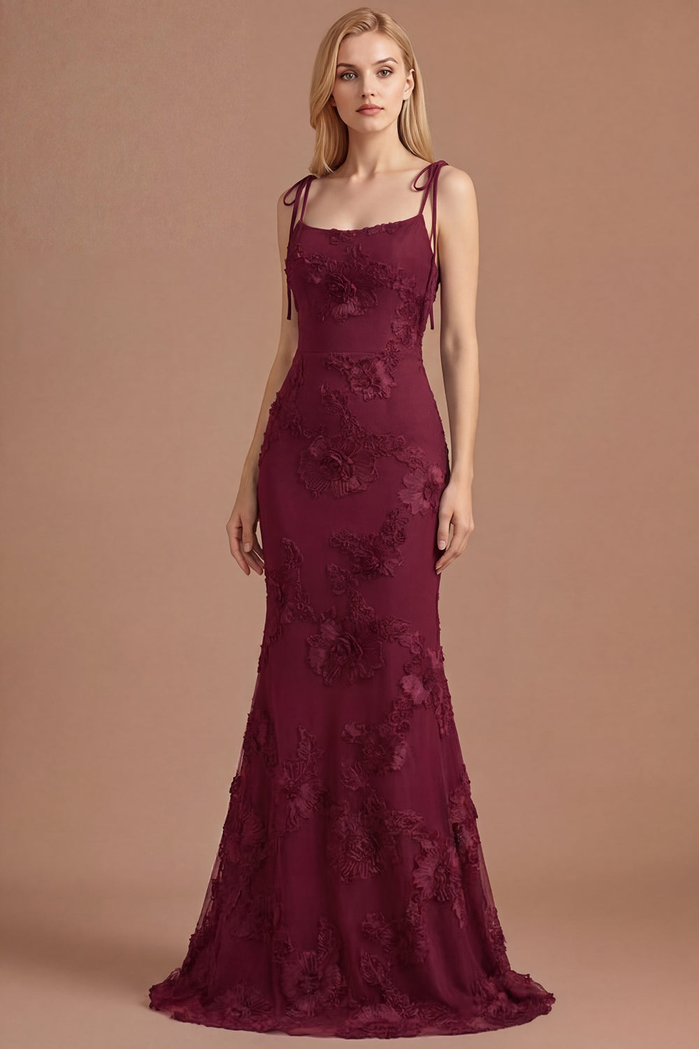 Light Blue Floral Appliqued Spaghetti Straps Mermaid Long Prom Dress