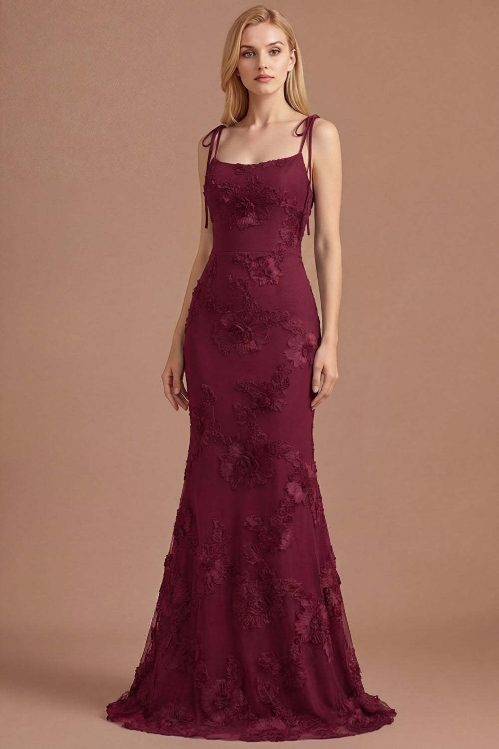 Light Blue Floral Appliqued Spaghetti Straps Mermaid Long Prom Dress