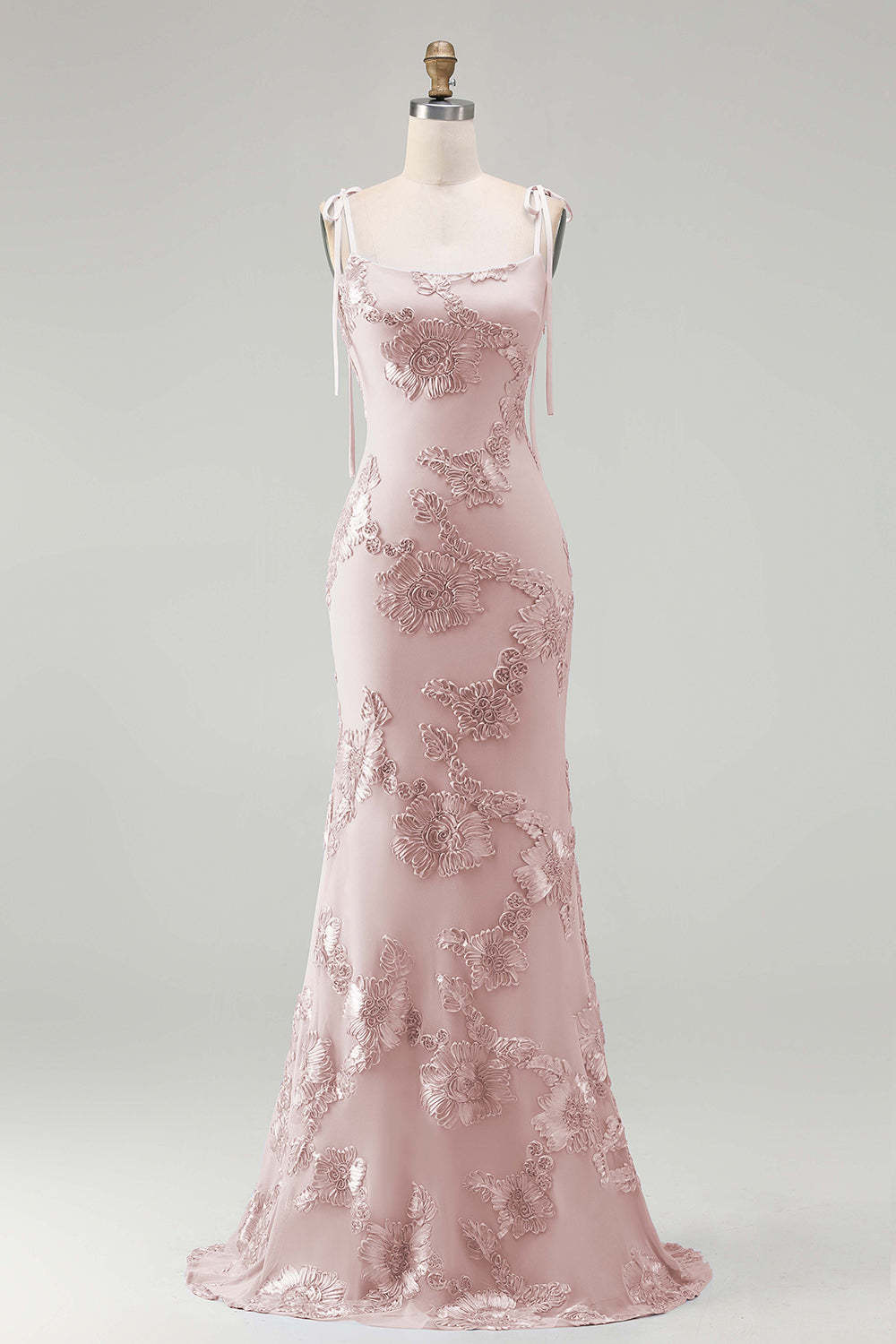 Light Blue Floral Appliqued Spaghetti Straps Mermaid Long Prom Dress