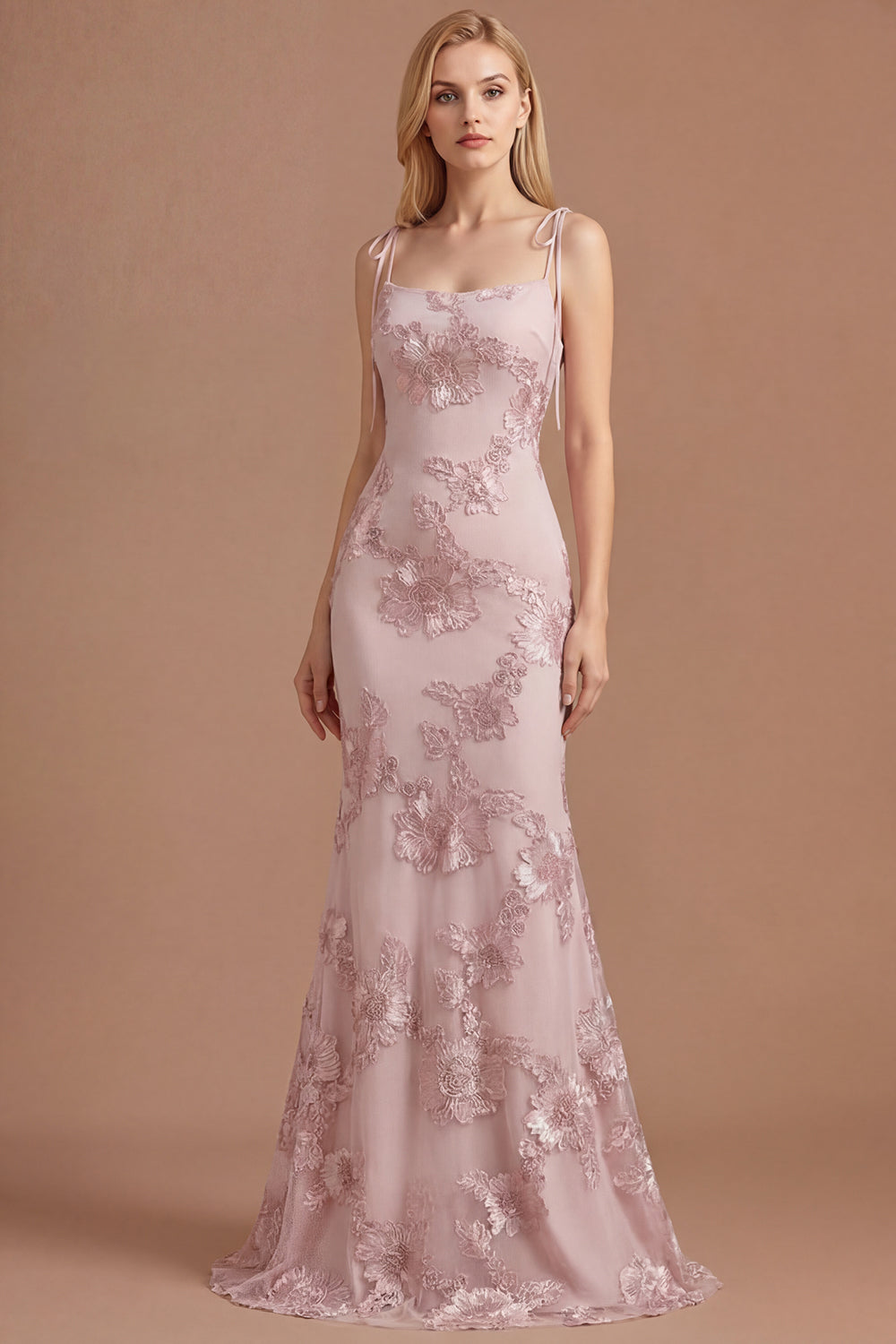 Light Blue Floral Appliqued Spaghetti Straps Mermaid Long Prom Dress