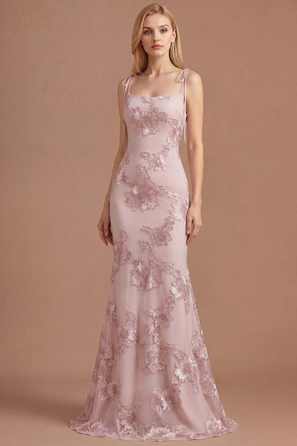 Light Blue Floral Appliqued Spaghetti Straps Mermaid Long Prom Dress