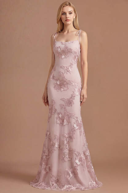 Light Blue Floral Appliqued Spaghetti Straps Mermaid Long Prom Dress