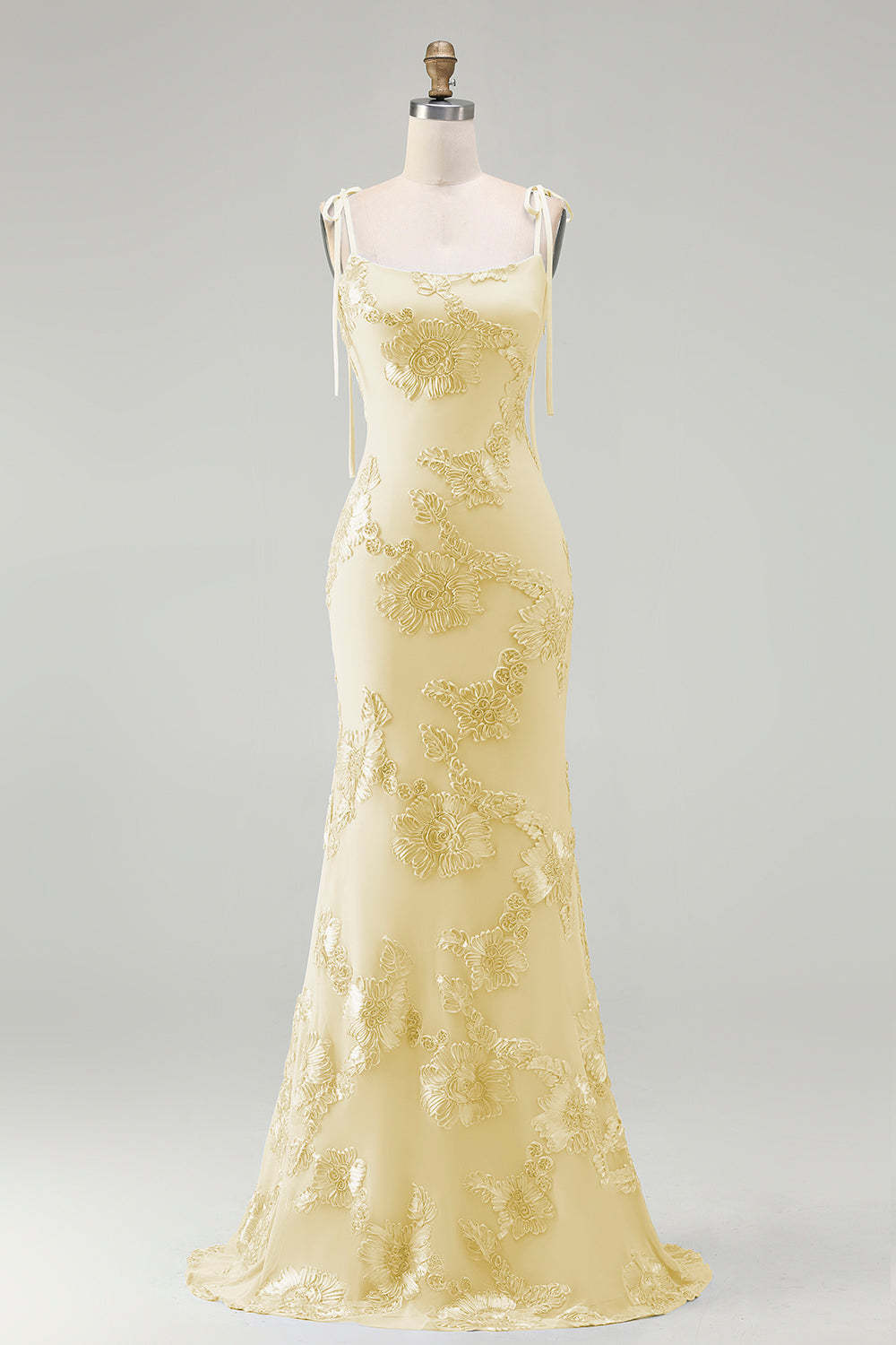 Light Blue Floral Appliqued Spaghetti Straps Mermaid Long Prom Dress