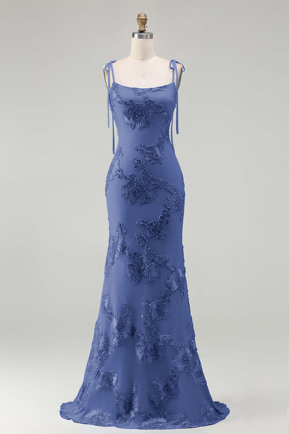 Light Blue Floral Appliqued Spaghetti Straps Mermaid Long Prom Dress