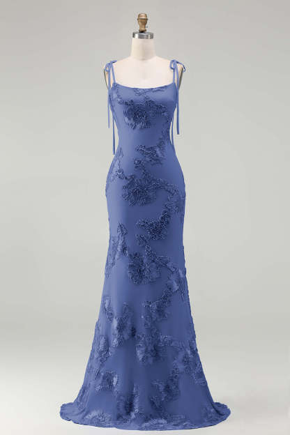 Light Blue Floral Appliqued Spaghetti Straps Mermaid Long Prom Dress