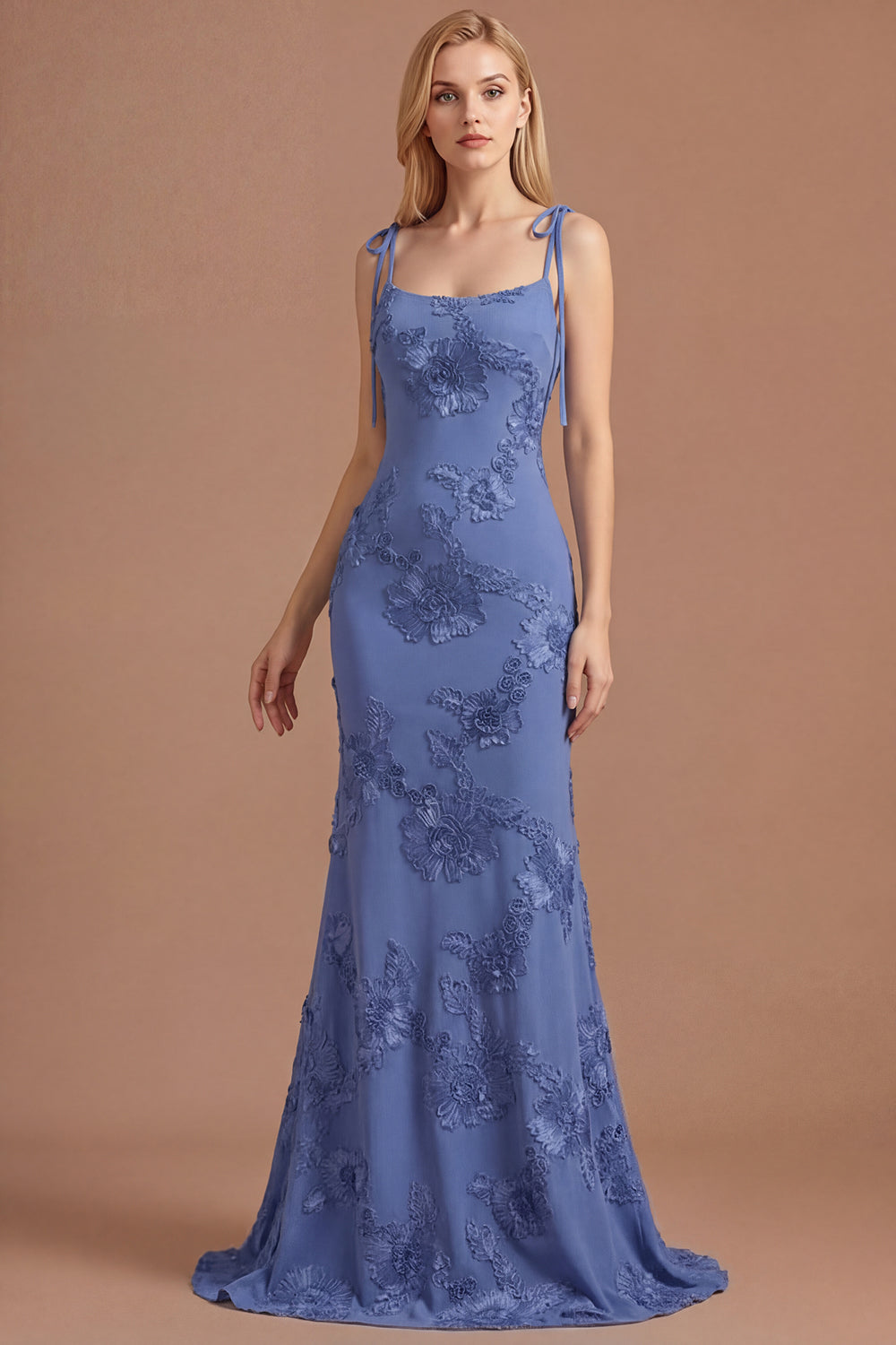 Light Blue Floral Appliqued Spaghetti Straps Mermaid Long Prom Dress