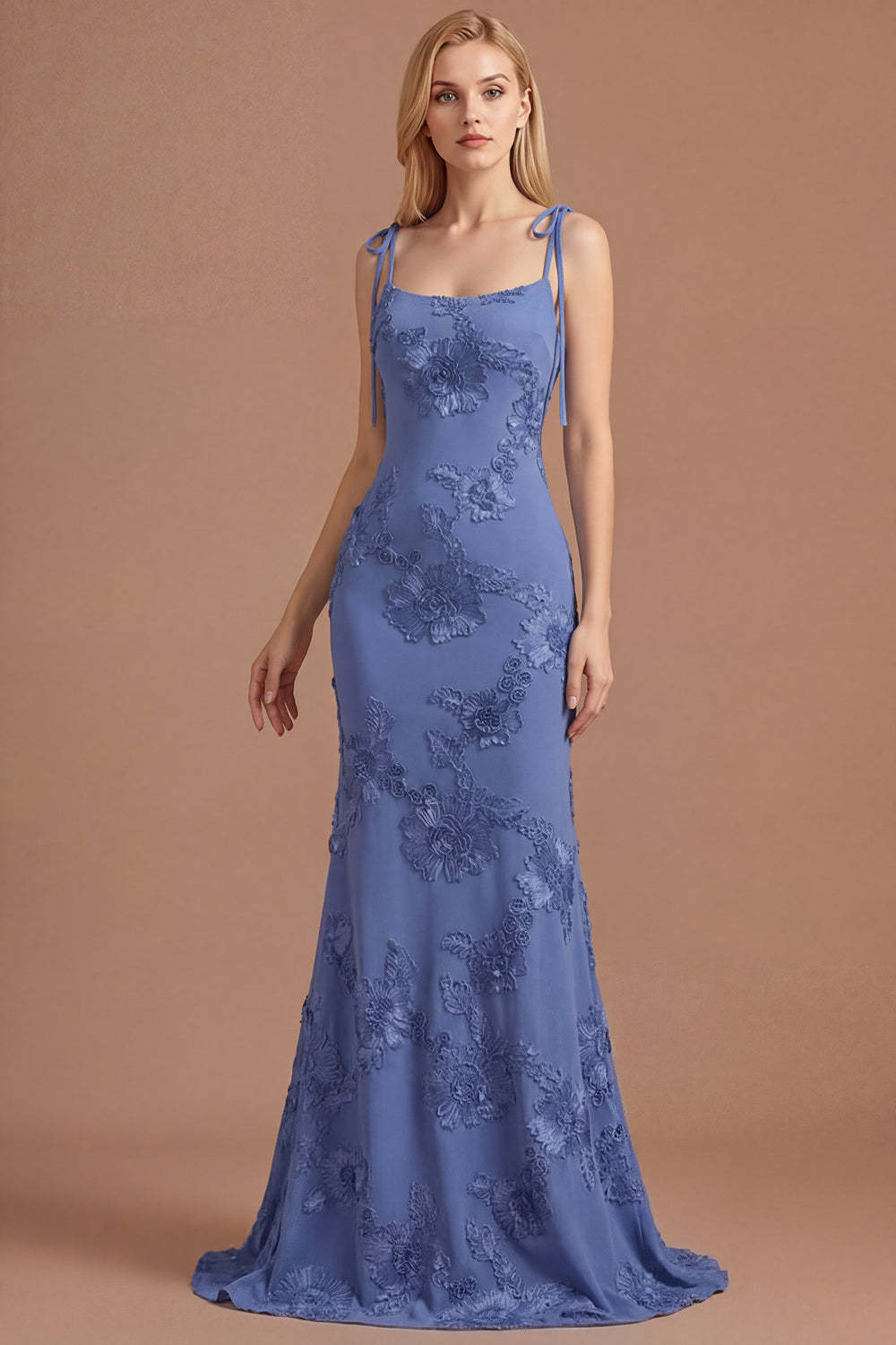 Light Blue Floral Appliqued Spaghetti Straps Mermaid Long Prom Dress