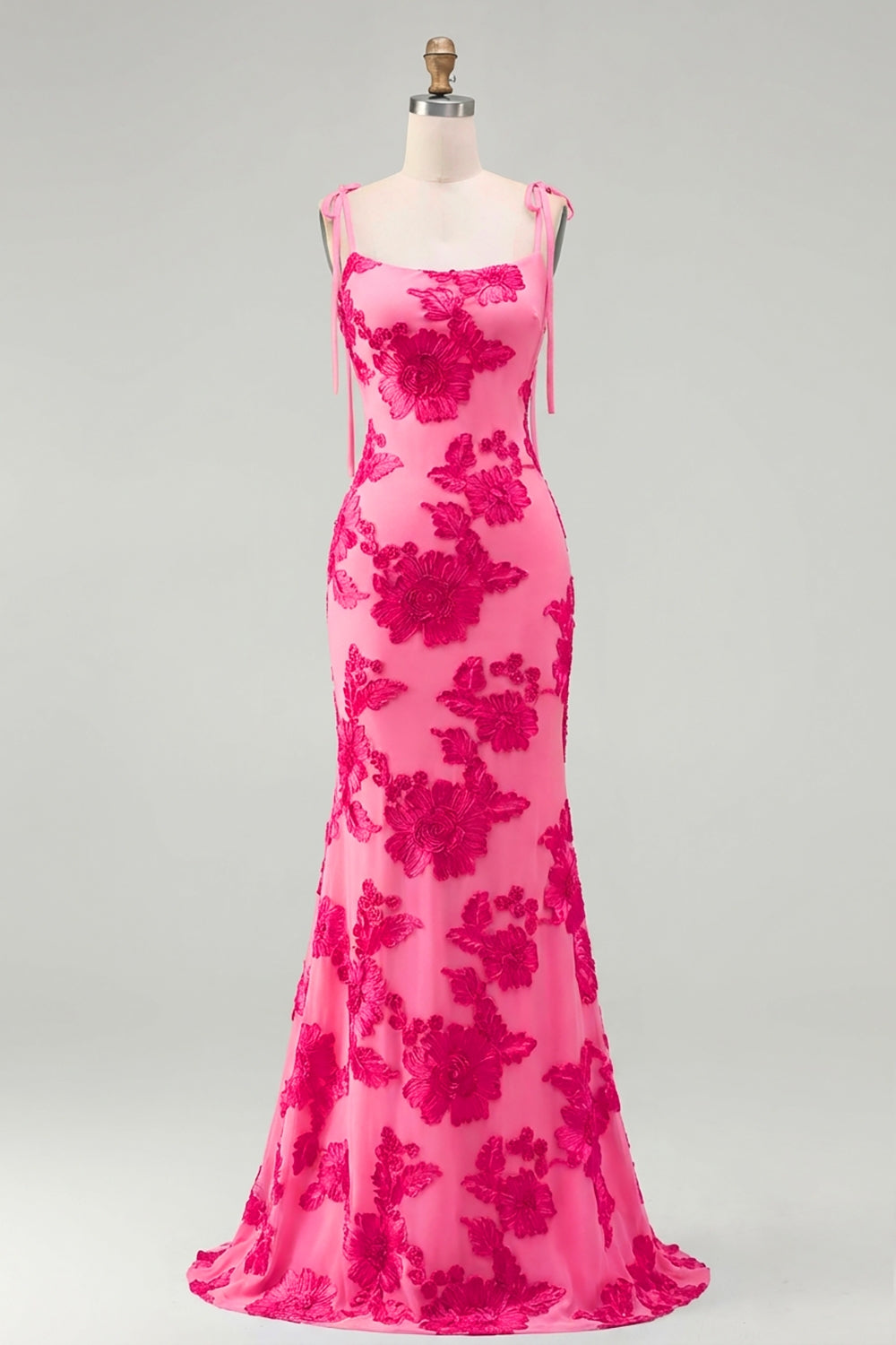 Light Blue Floral Appliqued Spaghetti Straps Mermaid Long Prom Dress