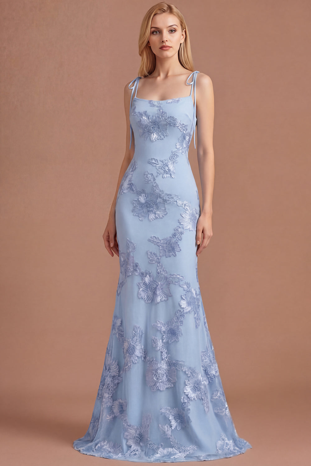 Leely Women Light Blue Floral Appliqued Mermaid Long Prom Dress Spaghetti Straps Backless Sleeveless Evening Dress