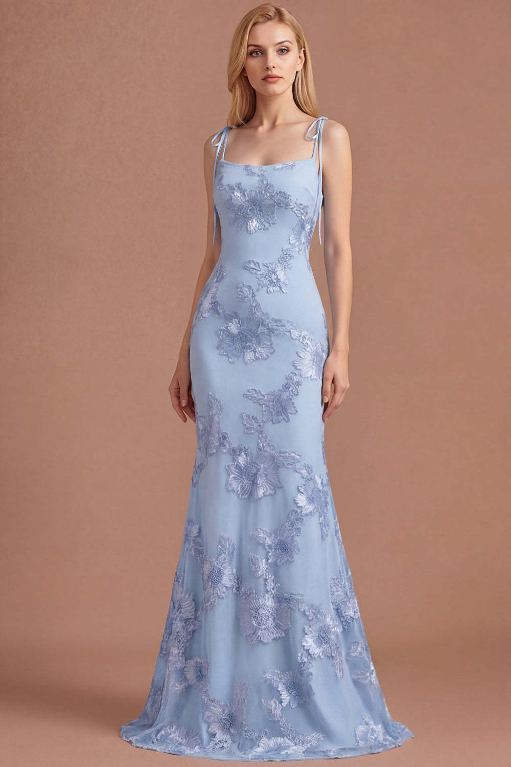 Leely Women Light Blue Floral Appliqued Mermaid Long Prom Dress Spaghetti Straps Backless Sleeveless Evening Dress