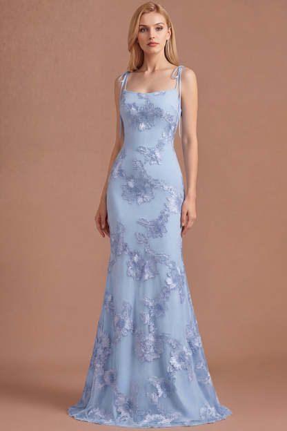 Leely Women Light Blue Floral Appliqued Mermaid Long Prom Dress Spaghetti Straps Backless Sleeveless Evening Dress