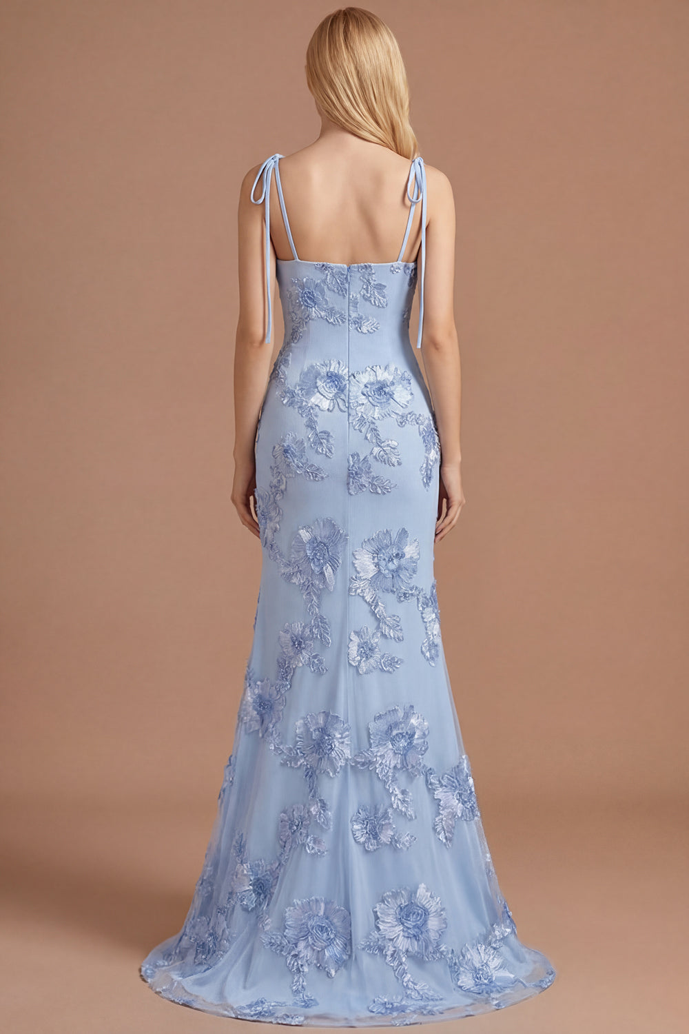 Light Blue Floral Appliqued Spaghetti Straps Mermaid Long Prom Dress