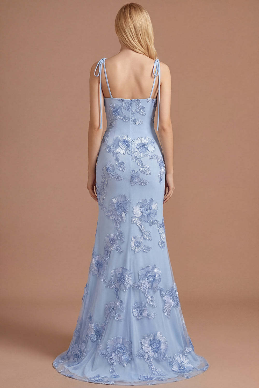 Light Blue Floral Appliqued Spaghetti Straps Mermaid Long Prom Dress