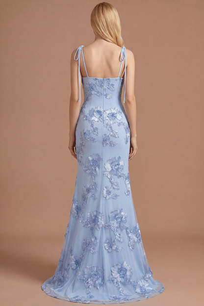Light Blue Floral Appliqued Spaghetti Straps Mermaid Long Prom Dress
