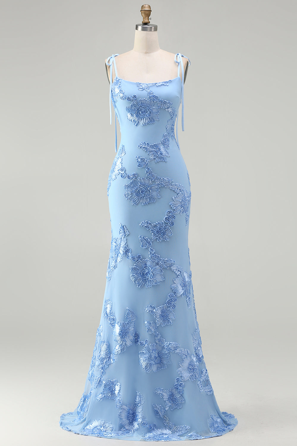 Light Blue Floral Appliqued Spaghetti Straps Mermaid Long Prom Dress