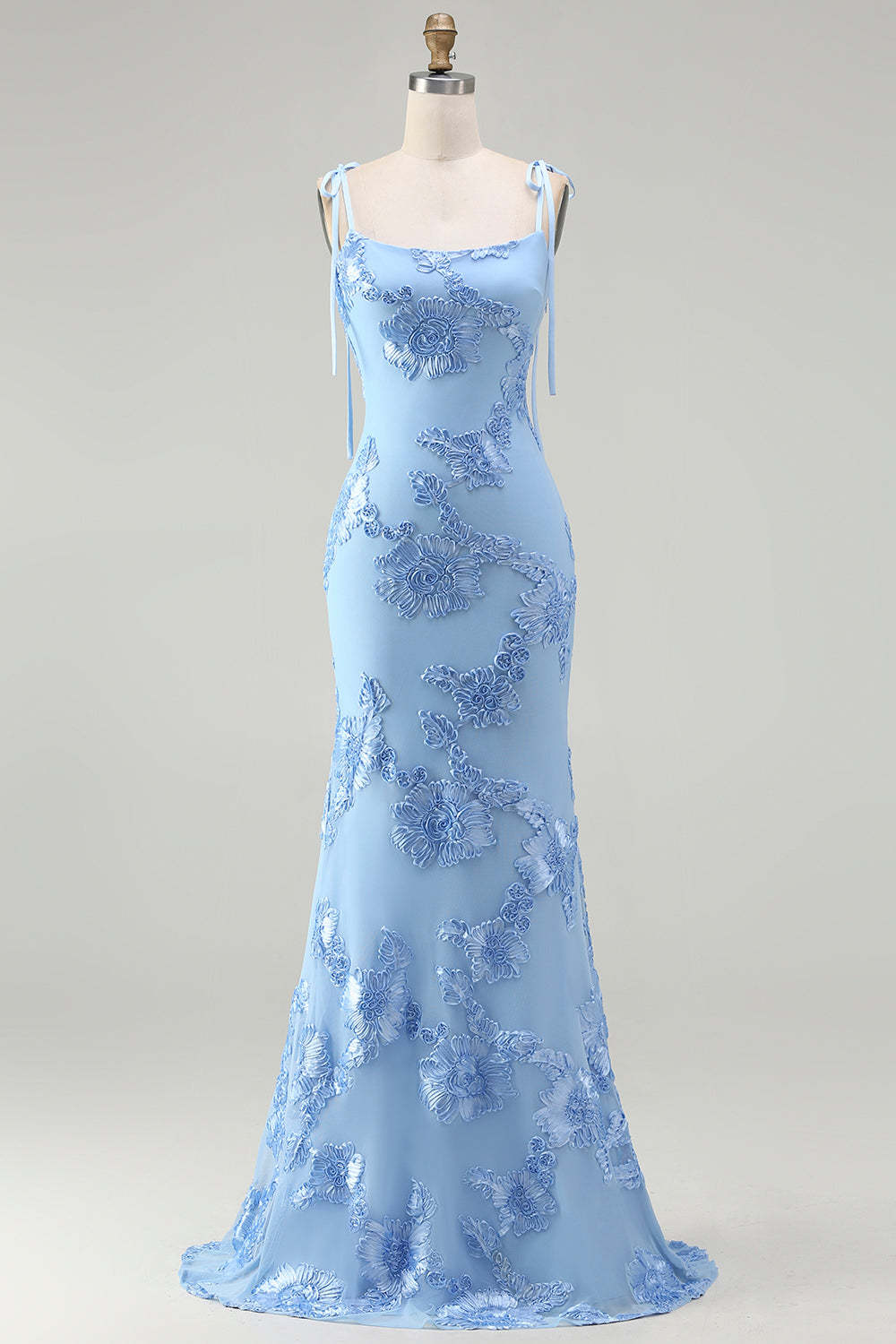 Light Blue Floral Appliqued Spaghetti Straps Mermaid Long Prom Dress