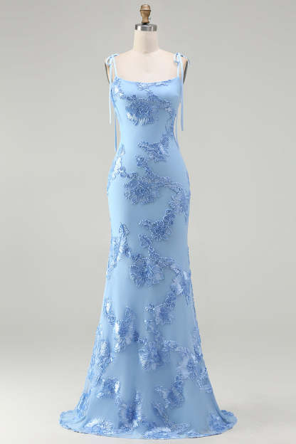 Light Blue Floral Appliqued Spaghetti Straps Mermaid Long Prom Dress