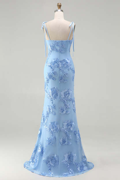 Light Blue Floral Appliqued Spaghetti Straps Mermaid Long Prom Dress
