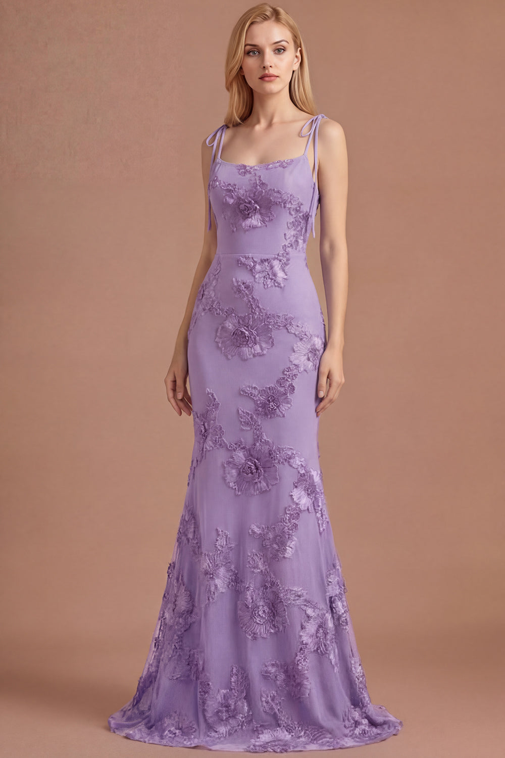 Light Blue Floral Appliqued Spaghetti Straps Mermaid Long Prom Dress