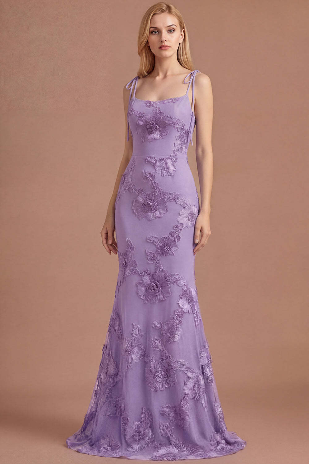 Light Blue Floral Appliqued Spaghetti Straps Mermaid Long Prom Dress