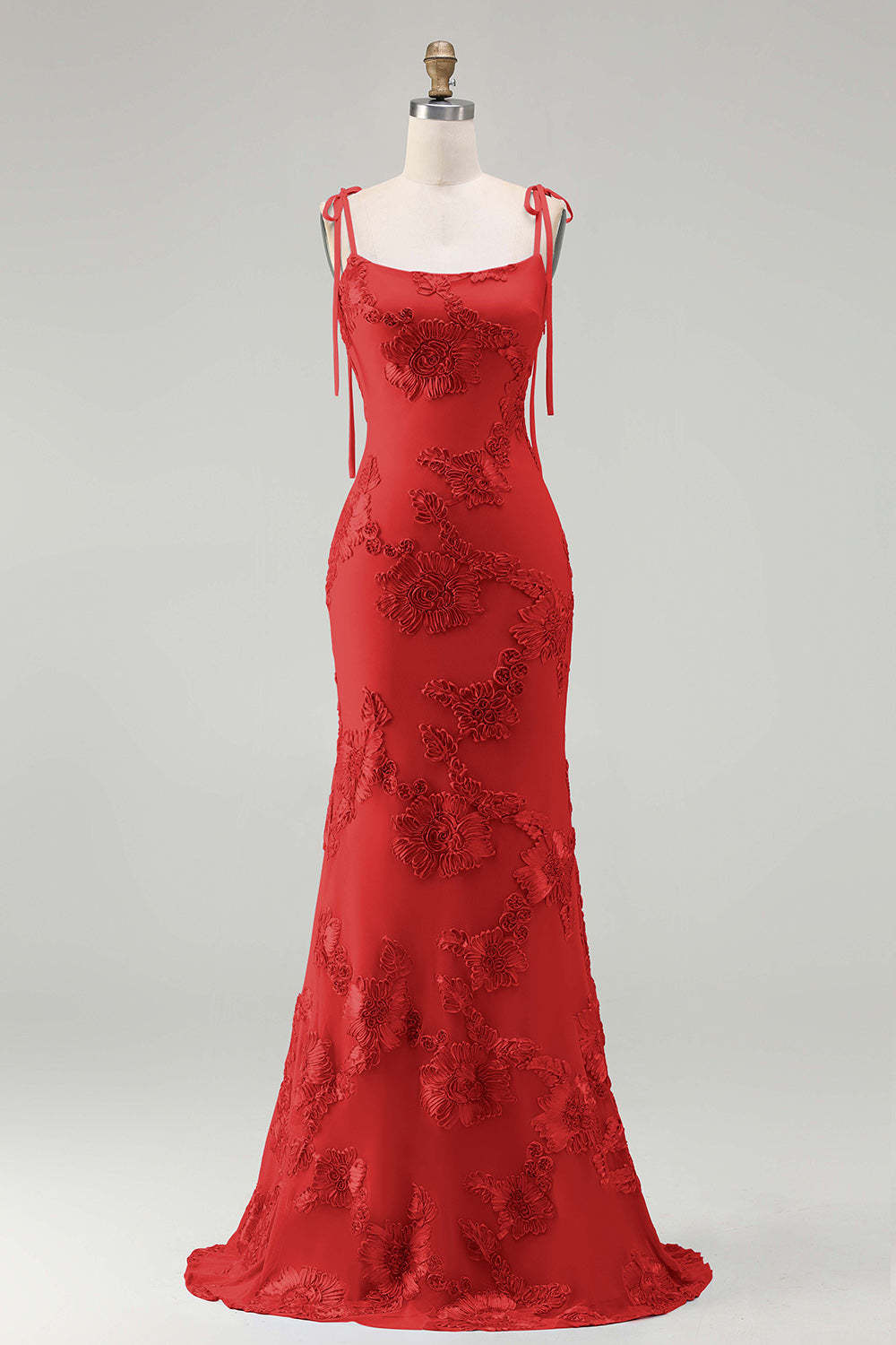 Light Blue Floral Appliqued Spaghetti Straps Mermaid Long Prom Dress