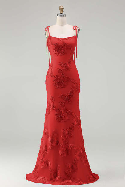 Light Blue Floral Appliqued Spaghetti Straps Mermaid Long Prom Dress