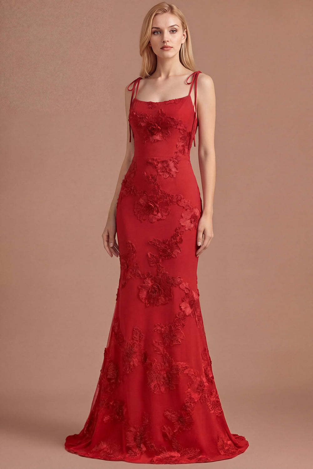 Light Blue Floral Appliqued Spaghetti Straps Mermaid Long Prom Dress