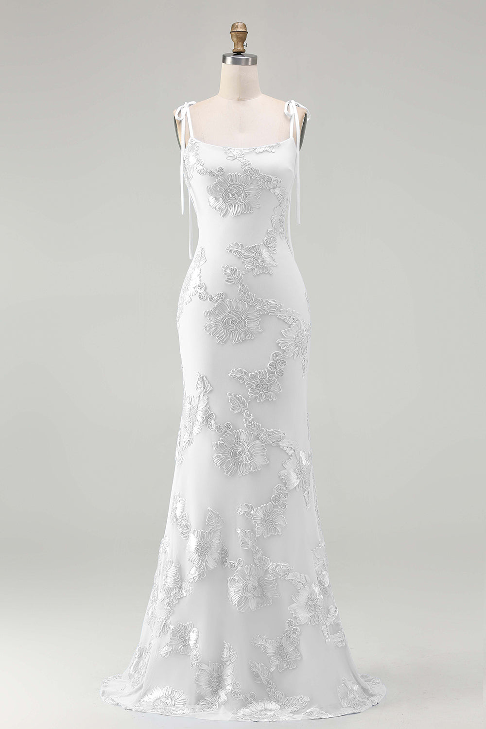 Light Blue Floral Appliqued Spaghetti Straps Mermaid Long Prom Dress